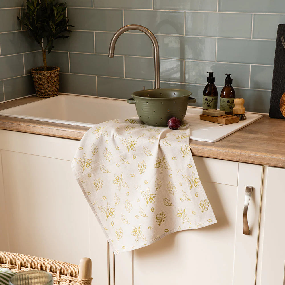 Linen Tea Towel - Autumn Acorns