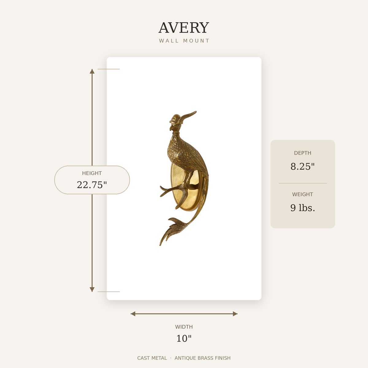 Avery the Pheasant Wall Mount (Antique Brass Finish)