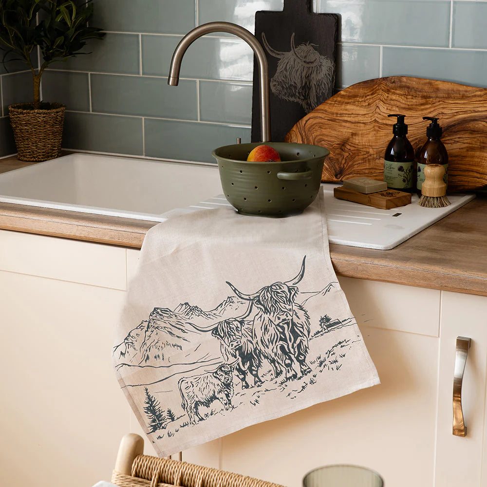 Linen Tea Towel - Scenic Highland Cow