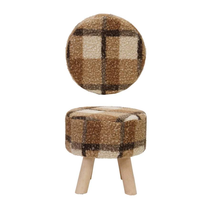 Brown Plaid Sherpa Upholstered Stool