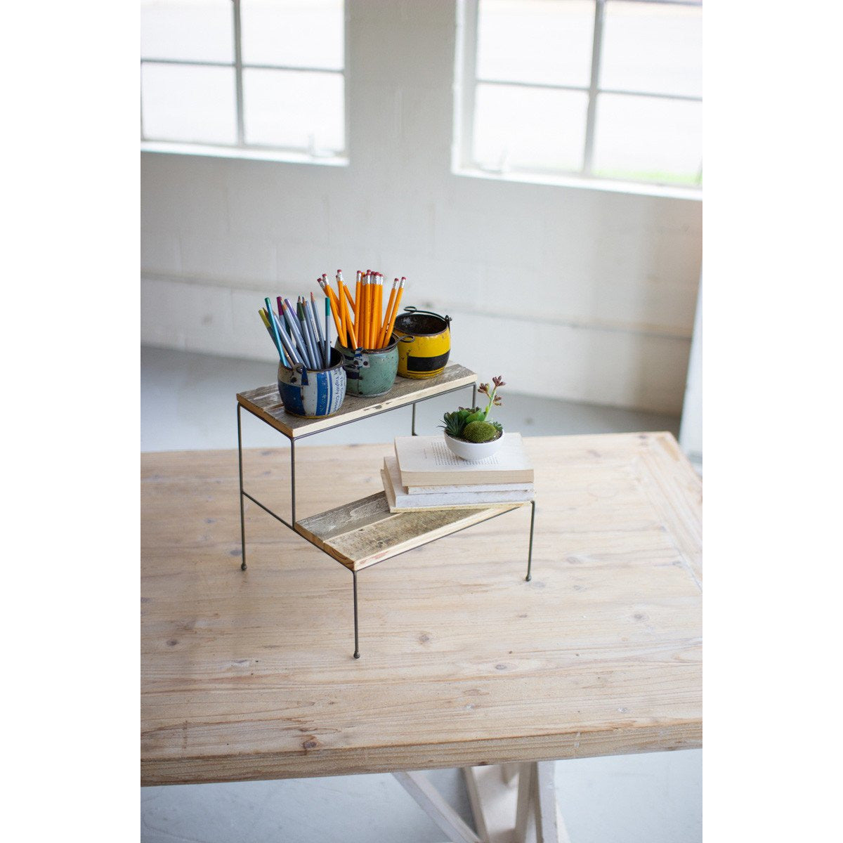 Two tiered recycled wood and metal display stands