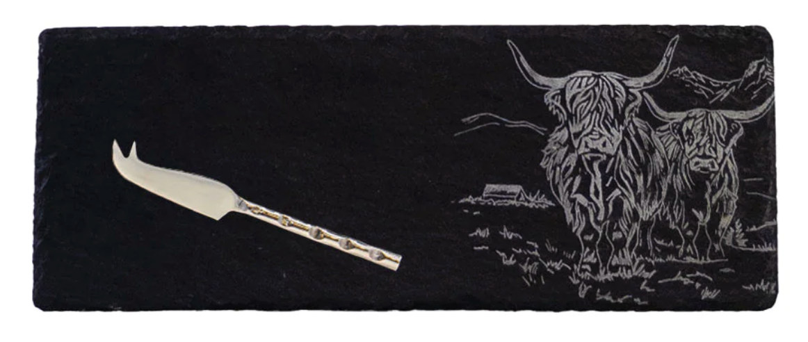 Scenic Highland Cow - Mini Slate Cheese Board & Knife Set