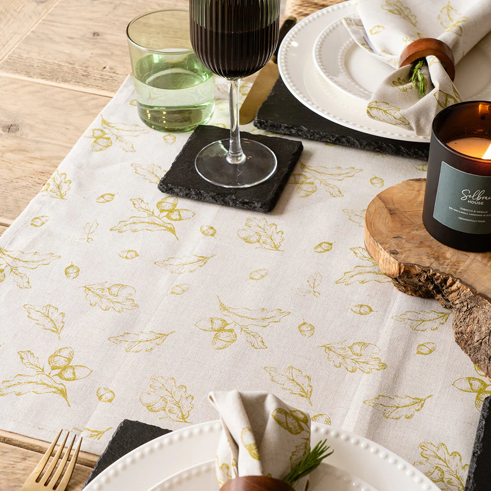 Long Linen Table Runner - Autumn Acorns