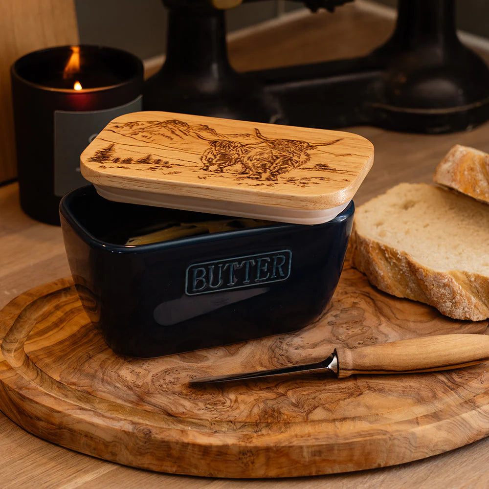 Blue Butter Dish - Scenic Highland Cow