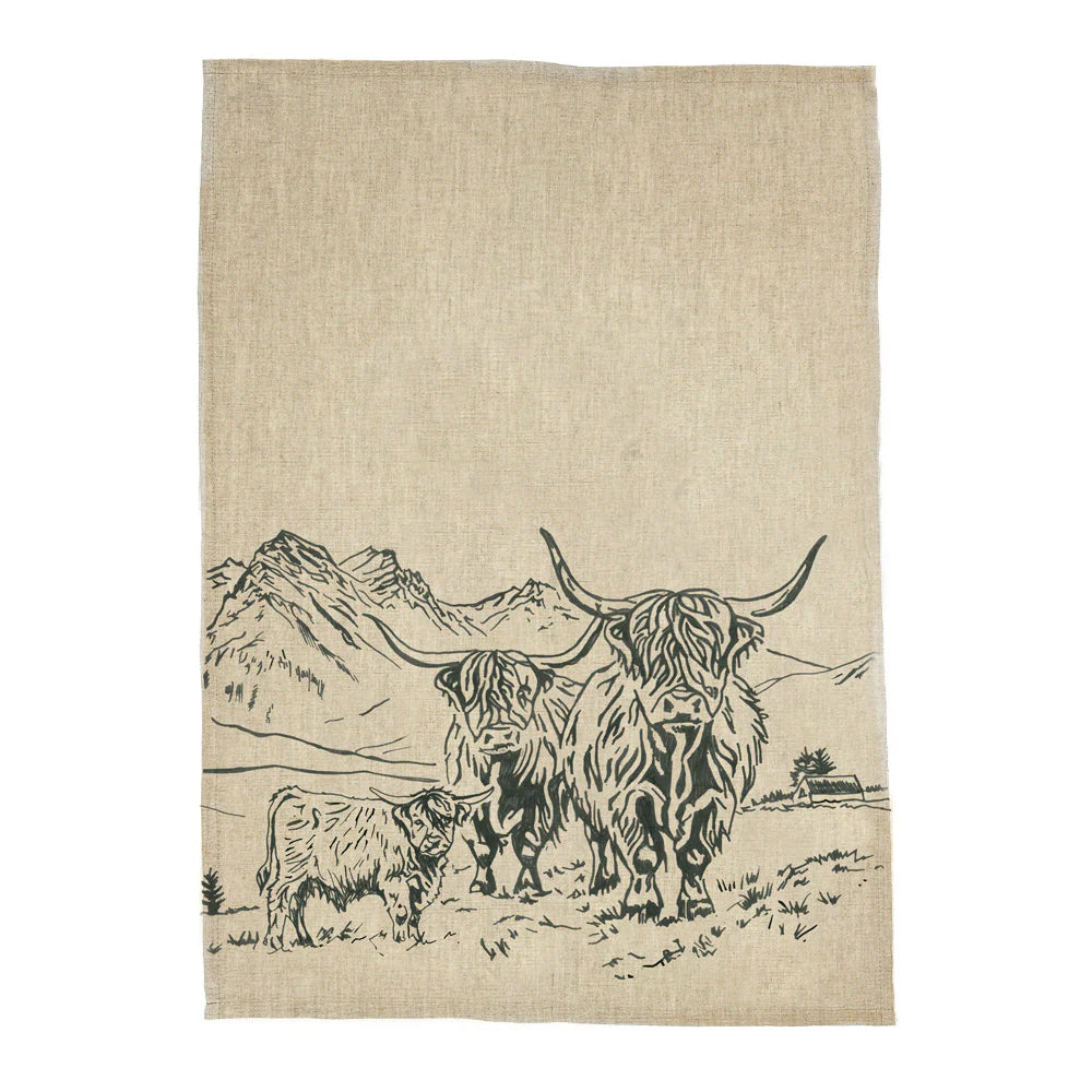 Linen Tea Towel - Scenic Highland Cow