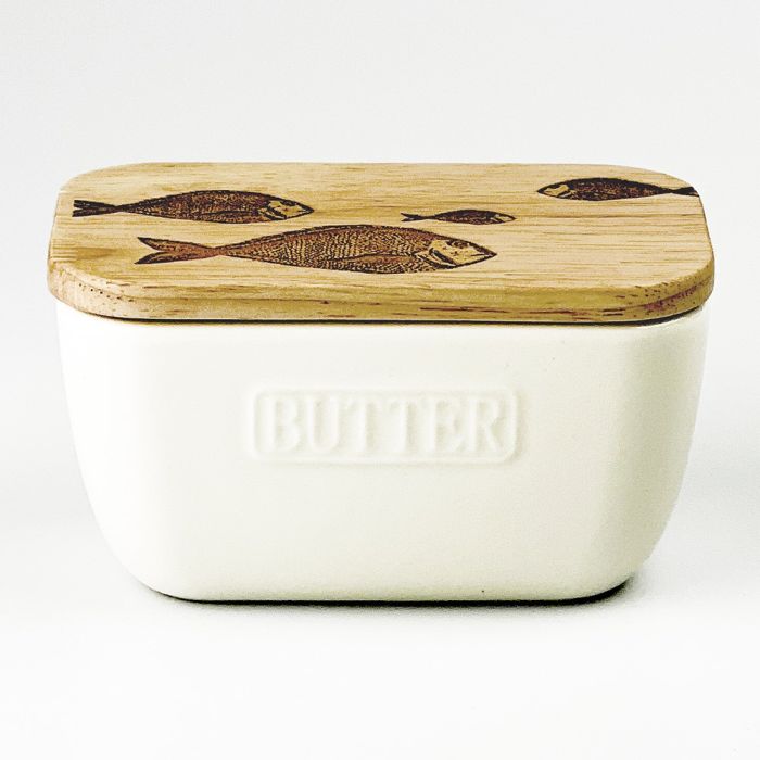 White Butter Dish - Fish Repeat