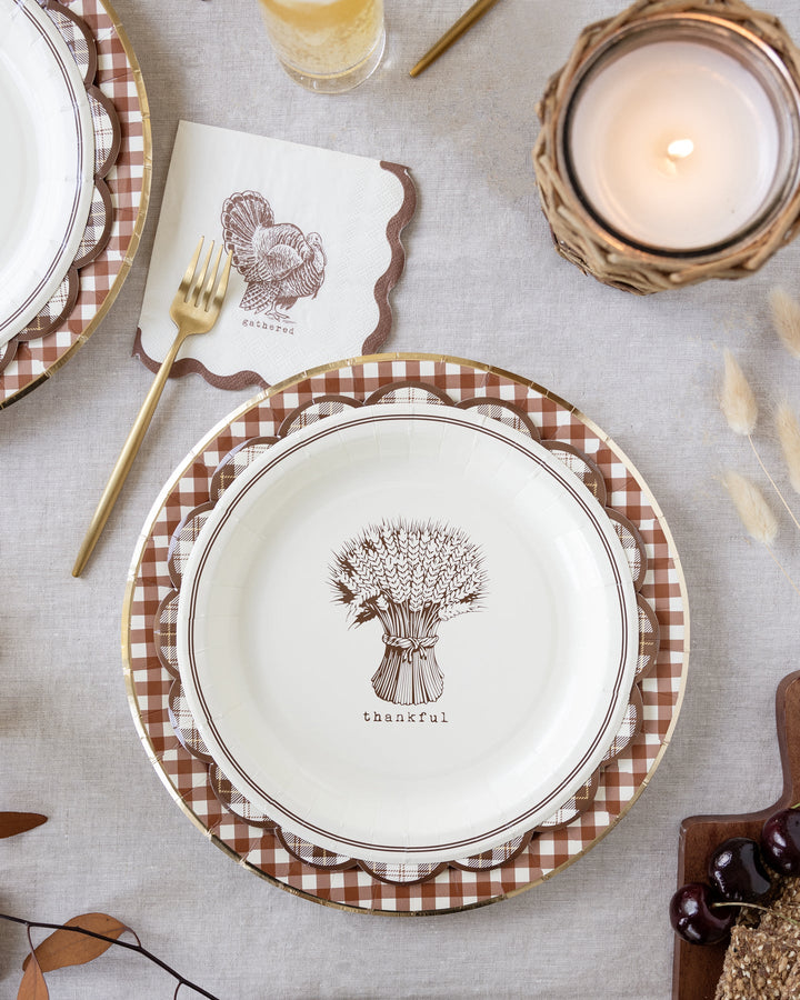 Harvest Scallop Brown Plaid Paper Plate