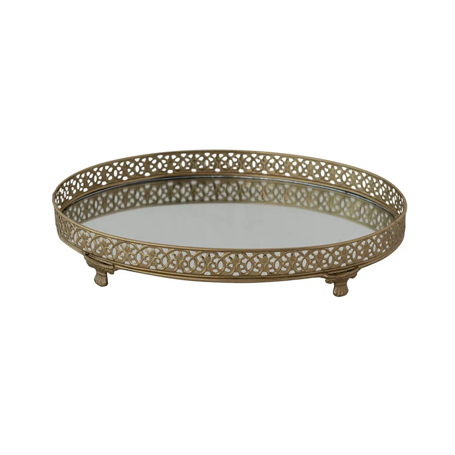 Oval Metal Mirror Footed Tray