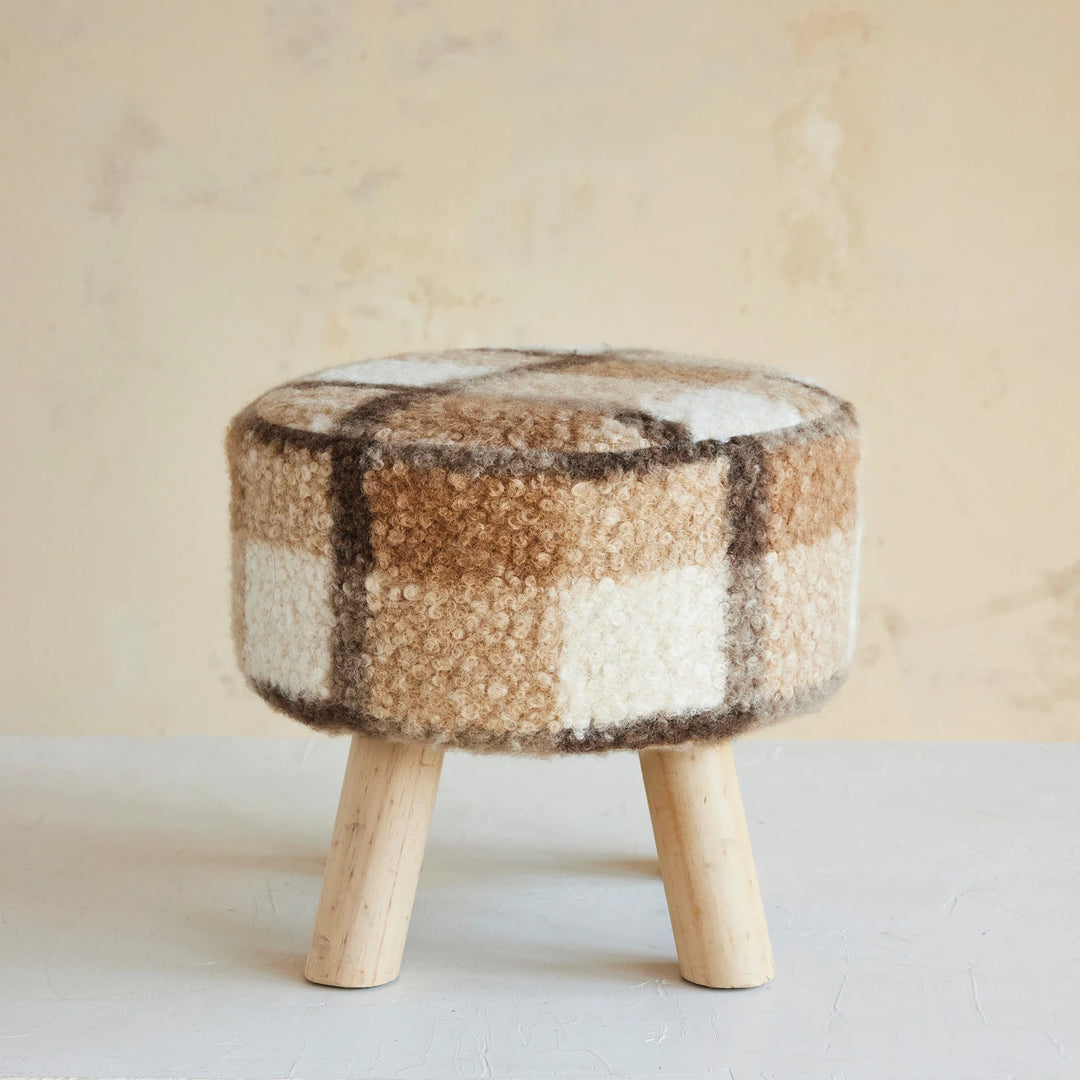 Brown Plaid Sherpa Upholstered Stool