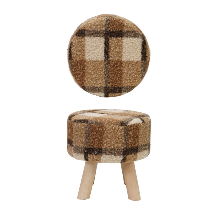Brown Plaid Sherpa Upholstered Stool