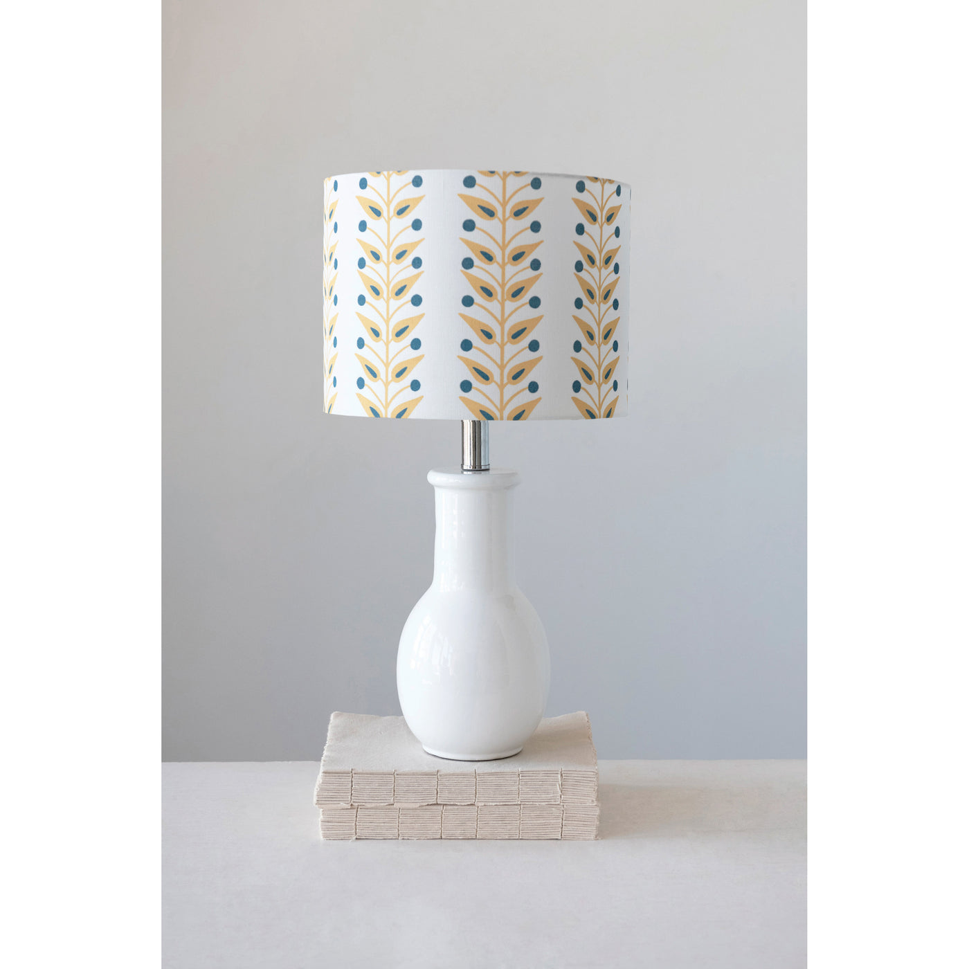 Terra-cotta Table Lamp with Botanical Pattern Linen Shade