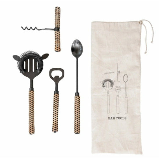 Stainless Steel Bar Tools with Rattan Wrapped Handles, Set of 4 in Printed Drawstring Bag