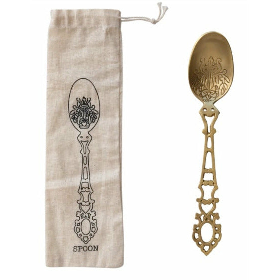 Etched Brass Spoon in Printed Drawstring Bag