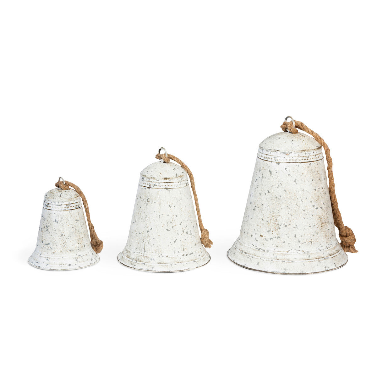 Set store of 3 Tin Whitewash Christmas Porch Bells W/ Jute Rope Decor Mantles Christmas Holiday Decor Weddings