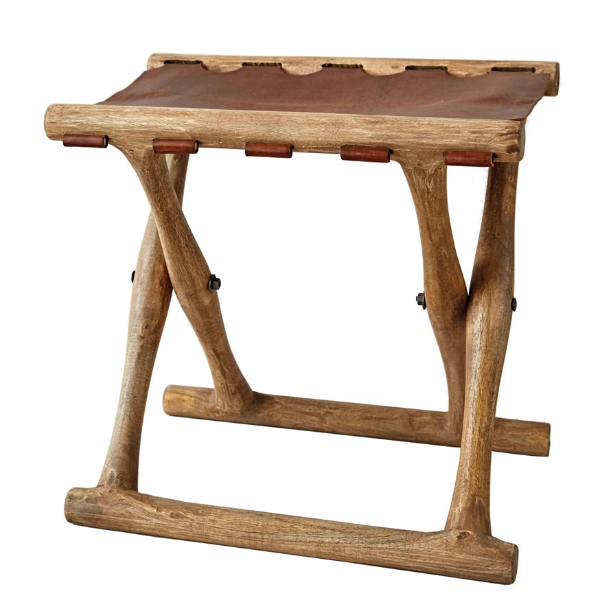 Wood and Leather Folding Stool