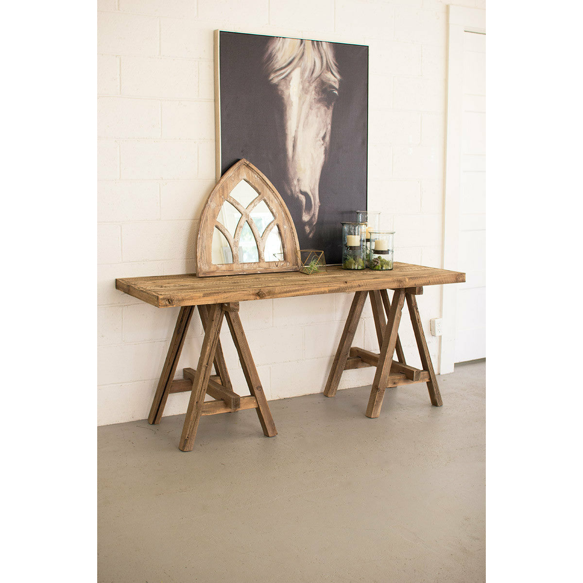 Wooden deep console with saw horse base
